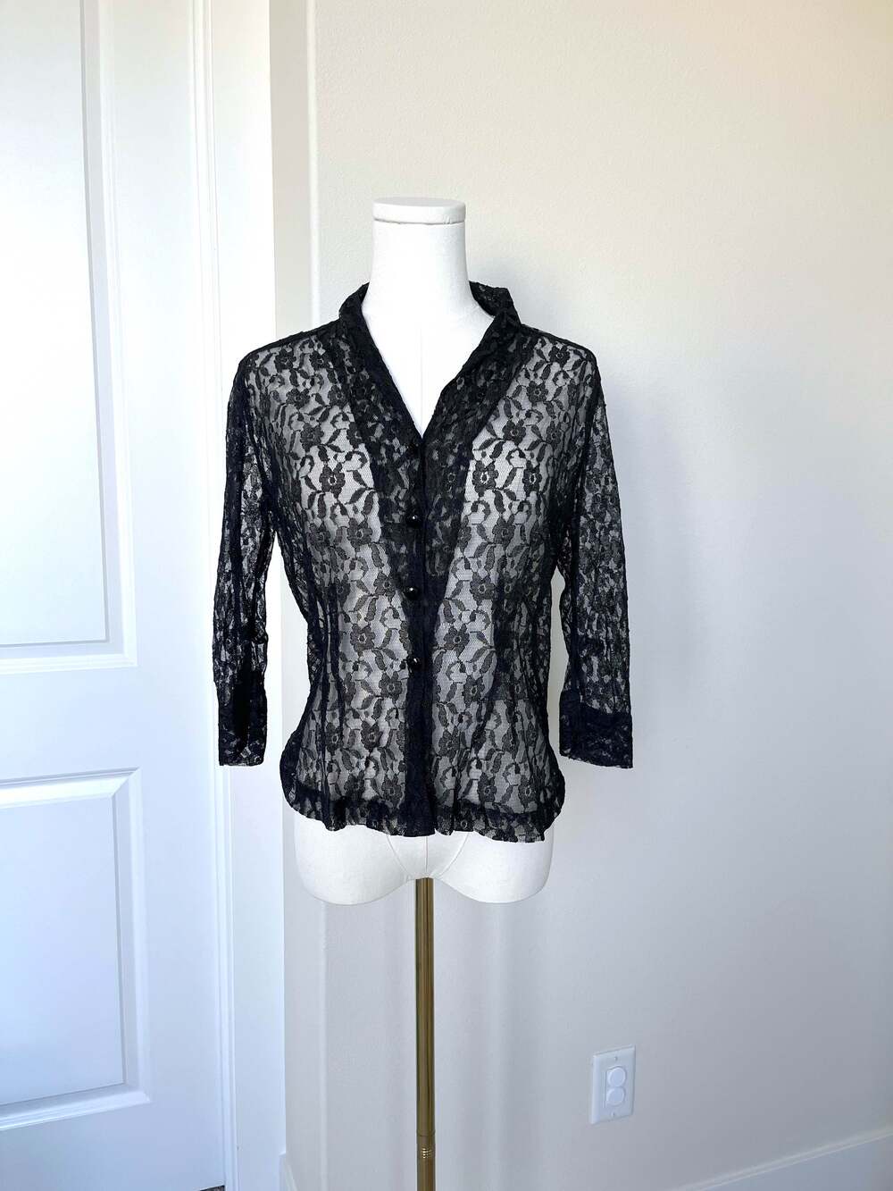 Vintage Black Whimsigoth Sheer Lace 3/4 Sleeve Button Down Blouse